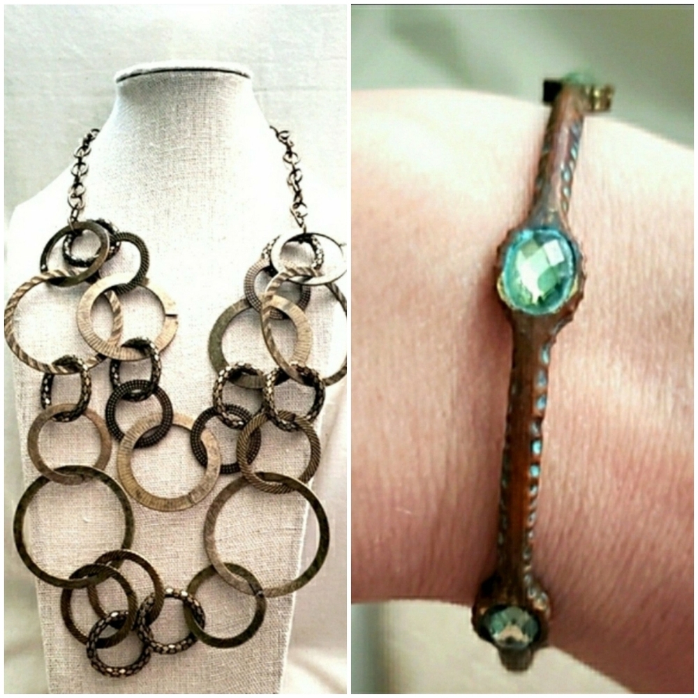 Mix Lot Bronze Jewelry Layered Necklace Metal Rings Bangle Green Crystals MXL2